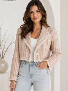 Something Navy Cropped Striped Tweed Blazer in Blush & Cream